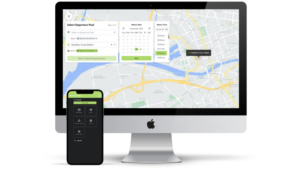 Trip planning dashboard showing vehicle routes and emissions